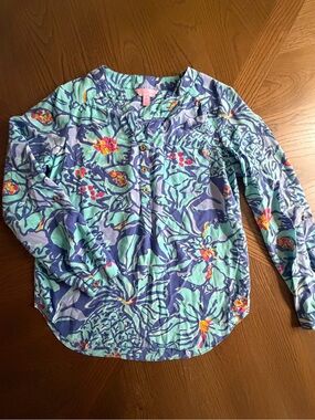 Lilly Pulitzer 100% Silk Floral Button-Front Long Sleeve Top